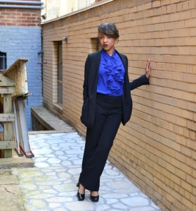 Susan Graver Blouse – $7.00 – QVC StoreTalbots Slacks – $13.70 – Talbots (Outlet)Blazer (My Splurge) – $38.00 – Express